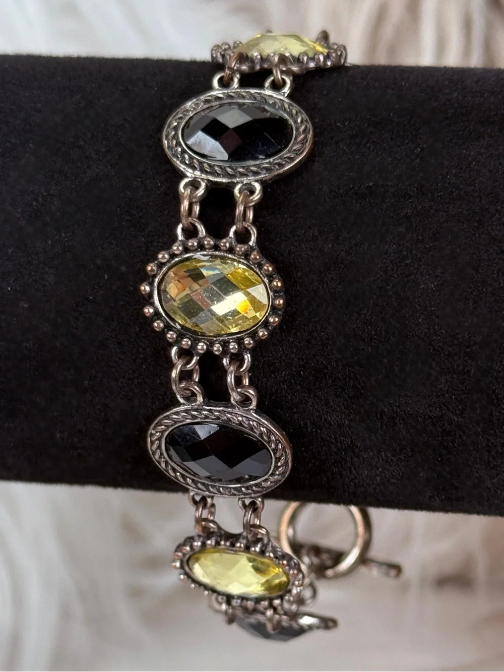 Vintage aged Silvertone Yellow Black Bling Accents Link Toggle Closure Bracelet